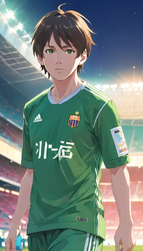 Lionel Messi , wear green uniform jnt cargo, Anime style , footballer , (( Image without abnormalities )) , Standard Scenario , beste-Qualit , Best resolution , master-piece, t shirt  black