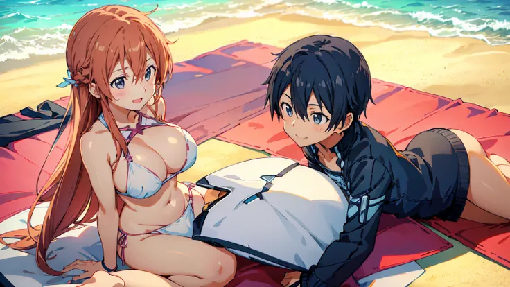 Kirito and Asuna, Blushing and smiling two people in bikini sitting on the beach, big breasts breast enlargement breasts pumped up looking at camera full-body shot illustration, ultra-detailed, HDR, vibrant colors, soft lighting high quality and super deta...