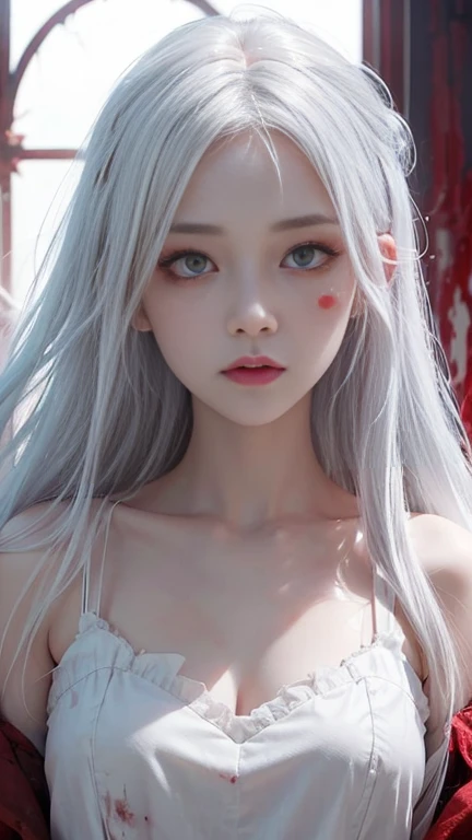 cute_girl,Little Ghost,Fair_skin,,Oval face,Light_blush,Red Eyes,demon_wing,lol,(white hair), long red hair, Red Eyes, (whole body), angry face, (Beautiful and delicate eyes), Blood Drop,Blood Mist, Flowing hair, disheveled hair, Splashing blood,(Blood),Li...