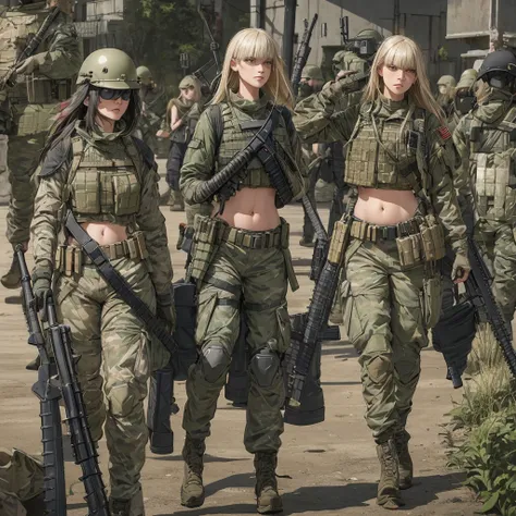 An army of Womens in crop top military bulletproof vest , military green cargo pants, belt, military helmet, tactical, ((((everyone open navel)))), ((((holding a m16))))