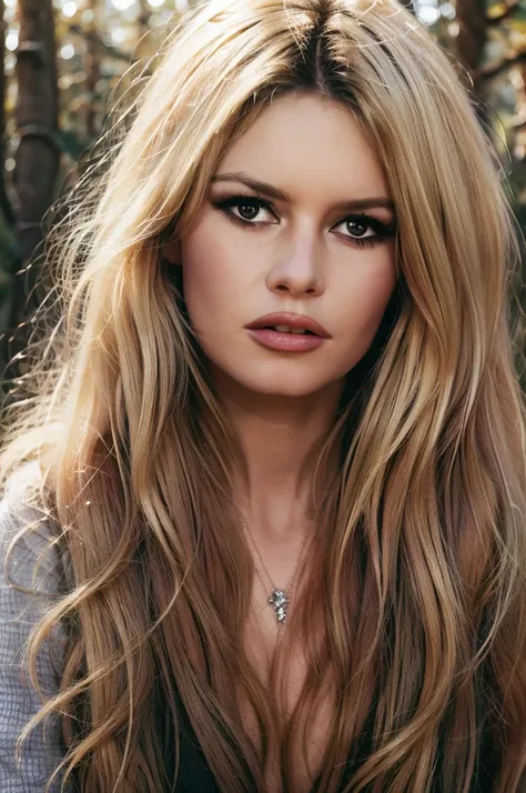 Detailed Photo of 1 bbardot woman with dark eye makeup, detailed face, Beautiful, Perfect Eyes, (highly detailed skin:1.1), perfect body, Professional Photography, Soft Lighting, Photorealistic, Realistic, ((Fog:1.2)), ((in a Forest background)), blurred b...