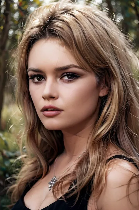 Detailed Photo of 1 bbardot woman with dark eye makeup, detailed face, Beautiful, Perfect Eyes, (highly detailed skin:1.1), perfect body, Professional Photography, Soft Lighting, Photorealistic, Realistic, ((Fog:1.2)), ((in a Forest background)), blurred b...