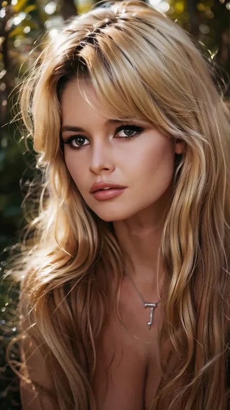 Detailed Photo of a nude bbardot woman with dark eye makeup, detailed face, Beautiful, Perfect Eyes, (highly detailed skin:1.1), perfect body, Professional Photography, Soft Lighting, Photorealistic, Realistic, ((Fog:1.2)), ((in a Forest background)), blur...