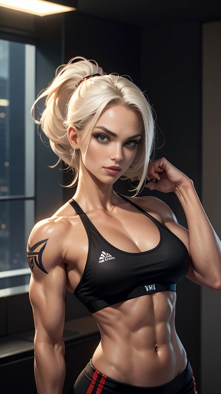 A gorgeous and stunning female mma fighter, (adjusting hair, flexing both arms above her head, bent both arms, raised both arms, double biceps pose), posing, victory pose, dominant pose, smirking sadistically, smiling sadistically, dominant, challenging de...