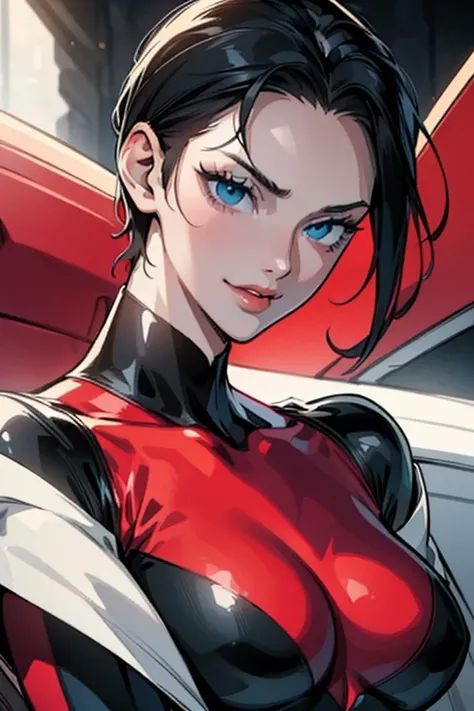 (art, Best quality, absurd, 4K, aesthetics, perfect eyes, perfect face, detailed, complex, Perfect lighting) 1 girl with fair skin, dark shaved short hair, wears a red and black futuristic bodysuit, queen of an alien race, warrior, gentle smile