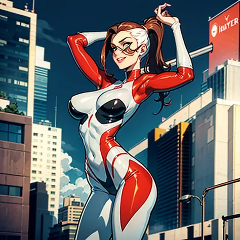 1girl, Stretcher the busty brunette comic book woman, masterpiece, beautiful, high quality, high definition, superb quality, highly detailed, super detailed, elongated arm, extended arm, stretched-out arm, reaching toward camera, depth, happy, smiling, (((...