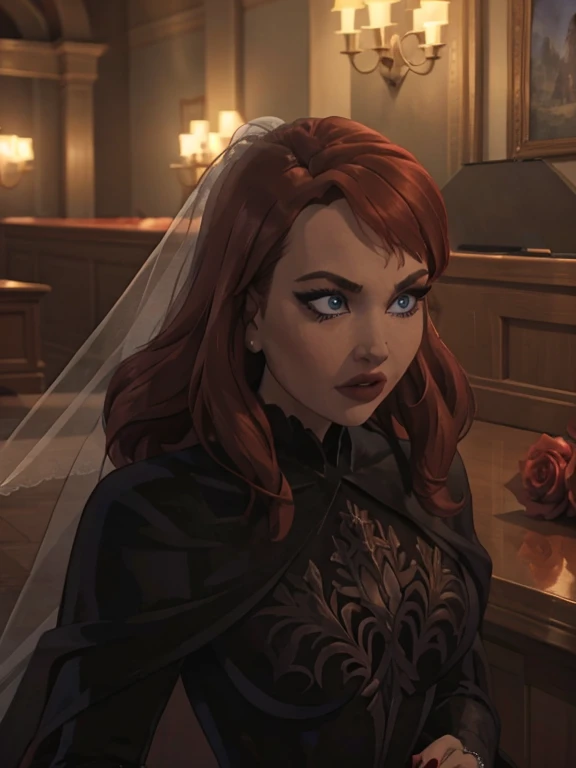 32:32 
wedding day, dark church of black flowers, bride red hair, heavy makeup, eyelashes, red lipstick, crystal blue eyes, high...