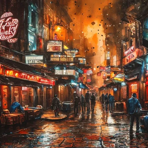 a detailed watercolor painting of a back alley bar district, realistic, photorealistic, intricate details, vibrant colors, warm ...