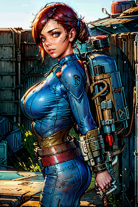 fallout 3 a girl red punk head blue shelter uniform backpack big breasts breast enhancement satellite map watch post-apocalyptic...