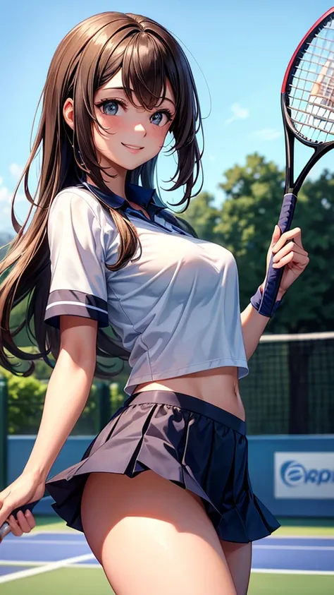 sksbrooke person, sksbrooke, (masterpiece:1.2), (best quality:1.2), perfect eyes, perfect face, 1girl, solo, brown eyes, (medium breasts), perky breasts, blue and black tennis uniform and shirt, tennis court background, smiling, behind the net