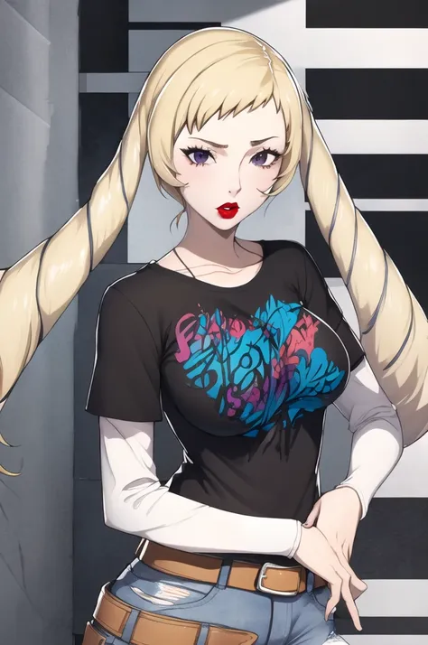 elise_fe, blonde hair, 1girl, solo, black t-shirt, white shirt, blue jeans, belt, lipstick, large breasts, layered sleeves