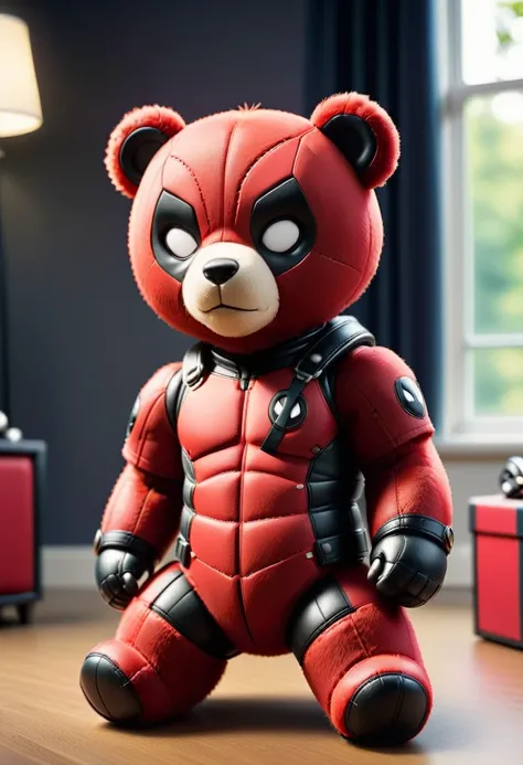 DeadpoolStyle Teddy Bear, 24 mm, (mock, Movie, Film Grain:1.3), Bokeh, (masterpiece:1.3) (best quality:1.2) (high quality:1.1)