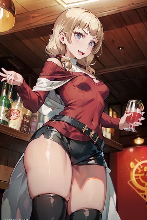 (from below:1.4),(from side:0.9), ((Face)), (Close-Up:0.4), masterpiece,"A 26-year-old girl stands at a bar counter. She is dressed in a stylish off-shoulder dress, sweater dress, off-shoulder sweater, red sweater,garter stocking, cleavage:1.1, midriff, bl...