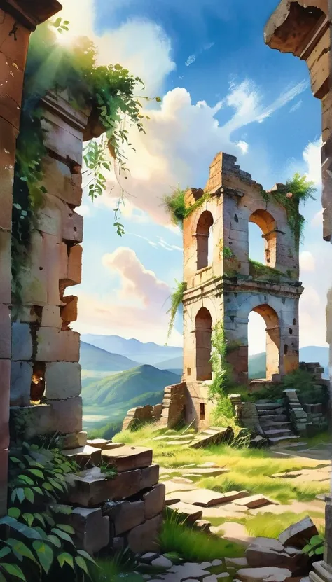 a serene watercolor landscape, the ruins of a watchtower in the mountains, morning sun shining through the holes in the crumbling structure, blue sky with a few wispy white clouds, lush green vegetation surrounding the ruins, atmospheric lighting, detailed...