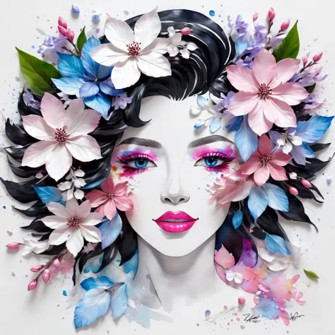 Artesanato com folhas de primavera, mulher negra feita de flores, blossom flower White pink lilac blue, Retrato, fundo branco, an explosion of colors, coisas complexas ao redor, complexo em segundo plano, pintura estilo 3D aquarela, imagem completa, high r...