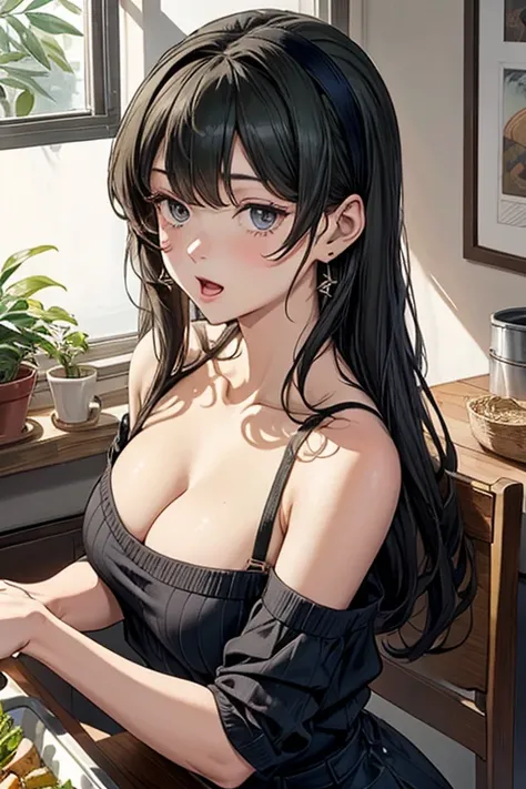 (from above:1.0),(from side:0.9),masterpiece, 1girl, Amazing Cleavage:1.1, thin waist, big ass, Raised sexy, small breast: 1.3, posed cleavage:1.2、solo, looking at viewer, open mouth, have a cute grass of cute beergrass,black hair, dark green eyes, dress, ...