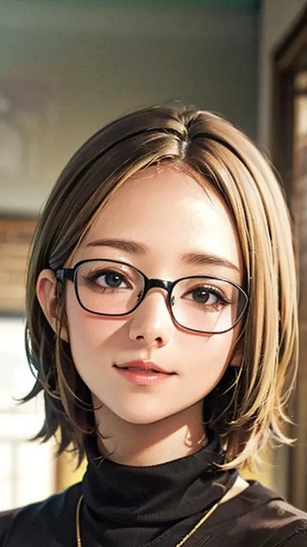 1 female, /(Tight sweater/) V-neck, Mature Woman, /((((Mid-length hair、Light brown hair、Blonde hair)))) Beautiful forehead, Stylish Glasses、A gentle blushing smile, (Masterpiece of the highest quality:1.2) Delicate illustrations, super detailed,  /(Modern ...