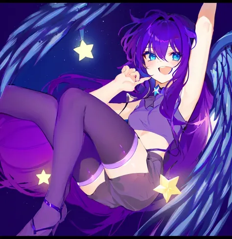 Cute girl with purple hair and blue eyes laying on a purple ball, flying cute esper, by :5 sexy: 7, nightcore, star guardian inspired, voidstar, spreading her wings, akasuki voidstar, demon cute girl, 