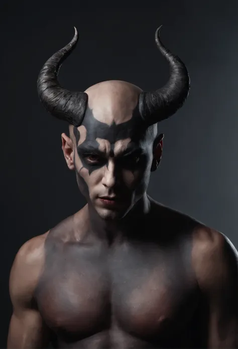 Portrait of a demon man with horns on a black minimal background, best quality, beautiful male model with horns, Nordic traits, classy, black make up, black metal make-up, close up, shirtless, lucifer representation, evil elegance, bare chest, muscular, cr...