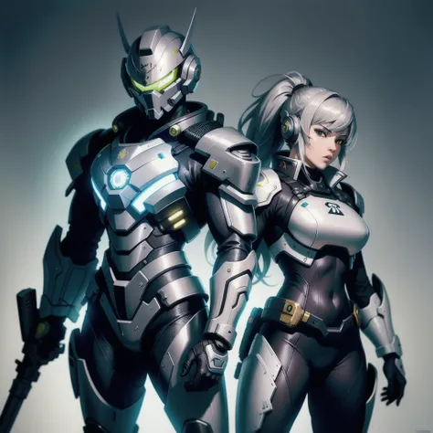 a man in futuristic suit, in the style of light gray and silver, dark green and white, samurai-inspired armor, neo-fantasy, hyper-detailed illustrations, male focus, weapon, helmet, power armor, gun, science fiction, rifle, armor, weapon on back, artist na...