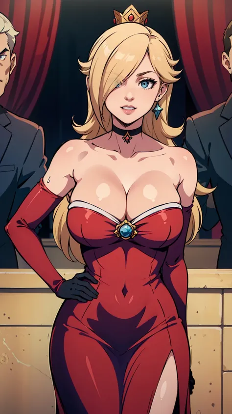 rosalina, crown, red dress, long dress, strapless dress, backless dress, long white elbow gloves, smile, light red lipstick, dark blue eye shadow, makeup, black choker, cowboy shot, (((breasts Focus))), (((sexy cleavage)))