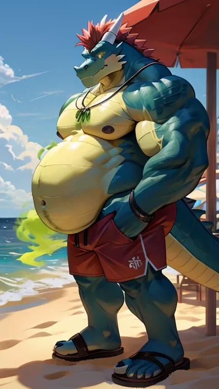 Big buff dark blue cartoon alligator with a ginormously oversized inflated dark blue stomach, deep blue, green eyes, big bellybutton, dark blue back, Black spiky tank top overhanging on top of his massive stomach, green necklace with dragon tooth, concerne...