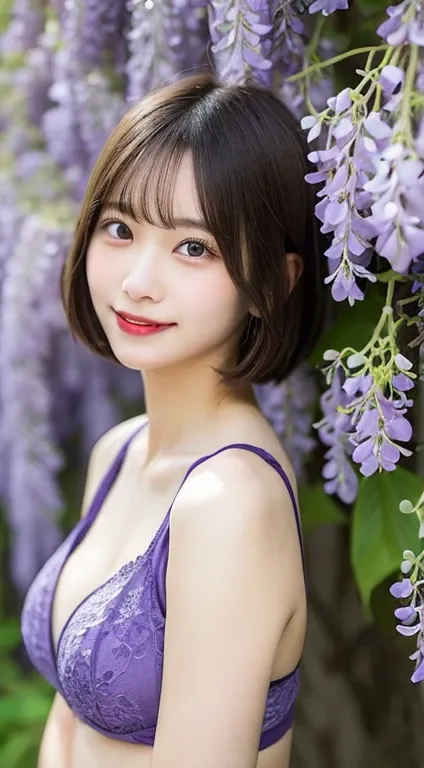 The wisteria flowers are in bloom.There are countless wisteria flowers.A 20-year-old woman poses with short hair and a valley in her chest.purple bra, purple swimsuit, smile, after noon, highest quality, shape, very detail , US>Details, High Resolution , 8...