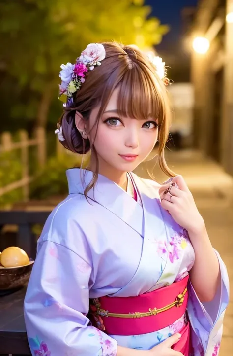 (Tabletop, highest quality:1.4), Beautiful Face, 8k, 85mm, Absurd, (Floral Yukata:1.4), Upper body, Exposing the breasts、 Violet, Gardenias, Delicate girl, alone, night, View Viewer, Upper Body, Film Grain, chromatic aberration, Sharp focus, Face Light, Pr...