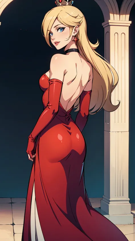 rosalina, crown, red dress, long dress, strapless dress, backless dress, long white elbow gloves, smile, light red lipstick, dark blue eye shadow, makeup, black choker, cowboy shot