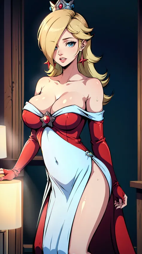 rosalina, crown, red dress, long dress, strapless dress, backless dress, long white elbow gloves, smile, light red lipstick, dark blue eye shadow, makeup, cowboy shot, (((breasts Focus))), (((sexy cleavage))), (1 girl),