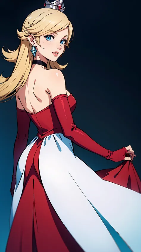 rosalina, crown, red dress, long dress, strapless dress, backless dress, long white elbow gloves, smile, light red lipstick, dark blue eye shadow, makeup, black choker, cowboy shot