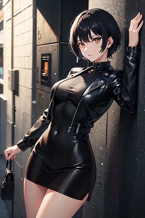 1 Female, Short black hair, Golden Eyes, leather jacket, dress, Stand your ground, High resolution, Ultra Sharp, 8k, masterpiece