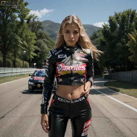 latino sexy beautiful blonde, 21 year old, American woman, motorcycle racing outfit, Daredevils, realistic, 8k, koda photo, photo realistic, slim body, fit,