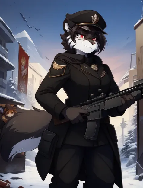 furry art,(anthro,fluffy fur,character focus:1.1),by dagassi, yeah black cloak, holding the sniper rifle，sniper，demon tail, warh...