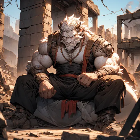 肌肉发达的white dragon,Handsome, white dragon,Pectoralis major, Heavyweight, Bodybuilder figure, Uniform, Crotch bulge, Mighty dragon mouth,Sitting on the ruins，In the ruins of the battlefield, Handsome的龙角,sparkling skin, Eyes sparkling,white dragon,鲜艳的color, 4...