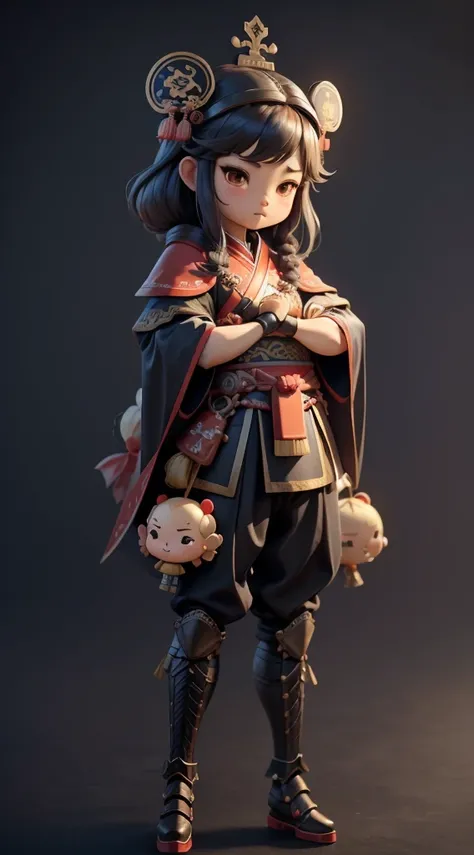 (Best quality), masterpiece、Top quality、Super detailed、 3D, 2 year old girl，Big head doll。face camera，Full body portrait（（Red cape）），Nendoroid 3D, Zhao Yun, guan yu, Big-headed figures。The red shrimp shell is very cute。Cute expression。（Shrimp head red helm...