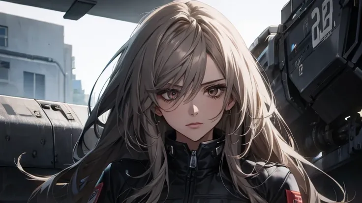 (Disorganized, High resolution, Ultra-detailed), 1 female, Silver Hair,Long Hair,Reddish brown,black pilot jacket,20th Generation,Beauty,Mature,thin,Quiet,Calm