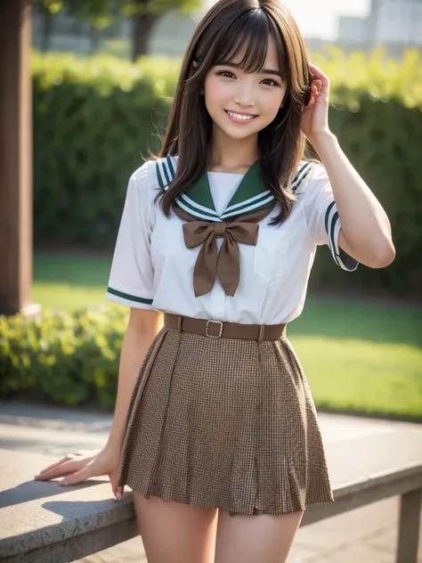 (highest quality, 4k, 8K, High resolution, Tabletop:1.2), Full Body Shot. Super detailed, Realistic:1.37, Light brown hair, Semi-long hair, Asymmetrical bangs, Mature Woman, high school girl, Sailor suit, Green and brown checkered micro mini pleated skirt,...