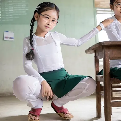 myanmar school girl in the class, ((standing and showing off pubic hair)), wide spread legs, blouse, id card, squatting, (((glas...