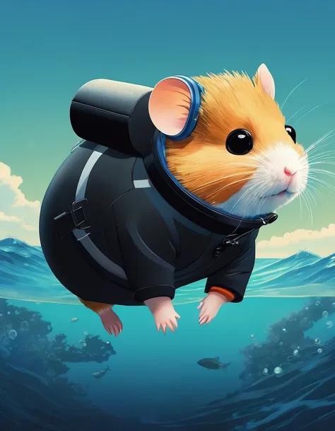 jon-style , features, ink art, side view，set design，very unified cg design，（cute hamster diving），put on a wetsuit and goggles，ba...