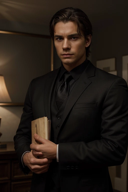 a serious young man in a black suit holding a bible, detailed facial features, intense gaze, indoors, family home, dramatic lighting, photorealistic, portrait, 8k, high quality, hyperrealistic, dramatic, cinematic