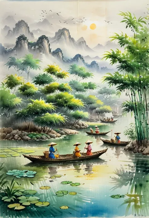 Watercolor Landscape, Laughter of girls returning from washing by the bamboo grove, lotus moves as fishing boats set sail, (masterpiece, best quality, Professional, perfect composition, very aesthetic, absurdres, ultra-detailed, intricate details:1.3)