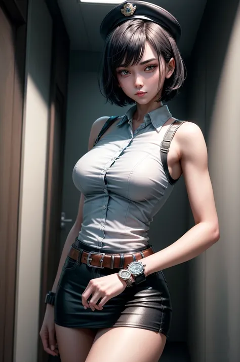 1 girl, ((alone:1.5)),Black Short Hair,Police uniform,belt,((watch:1.2)), White sleeveless collared shirt,Blue Super Mini Skirt:1.8,Police hat, Blushing:1.2, Perfect light, 8k, masterpiece:1.2, Very detailed, Realistic:1.37, Full HD, Police station hallway...