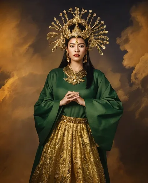 arafed image of a woman in a green dress with a gold helmet on, portrait of a digital shaman, dressed as an oracle, sci-fi tibetan fashion, avatar the last airbender, avatar kyoshi