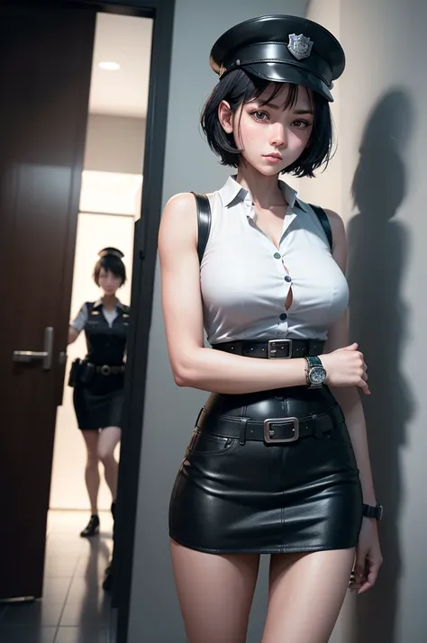 1 girl, ((alone:1.5)),Black Short Hair,Police uniform,belt,((watch:1.2)), White sleeveless collared shirt,Blue Super Mini Skirt:1.8,Police hat, Blushing:1.2, Perfect light, 8k, masterpiece:1.2, Very detailed, Realistic:1.37, Full HD, Police station hallway...