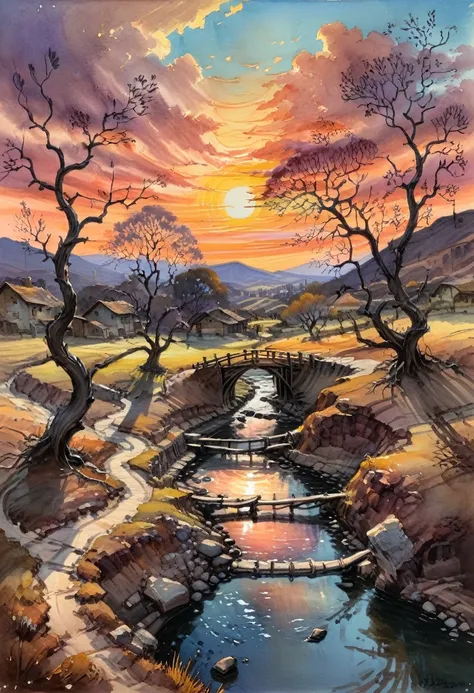 Watercolor Landscape, withered vines on aged trees, crows perch in twilights gloom. A tiny bridge over a trickling stream, houses nestled amidst the scene. Ancient path, western wind, and a lean horse roam. The sun sets in the west, painting the sky with a...