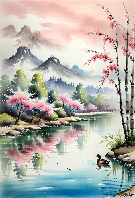 Watercolor Landscape, some peach blossoms and bamboos in the spring river. The peach blossoms are in full bloom, the graceful pink is swaying at the waters edge, and the water of the Spring River is warm and serene. A smart duck swims in the water, as if i...