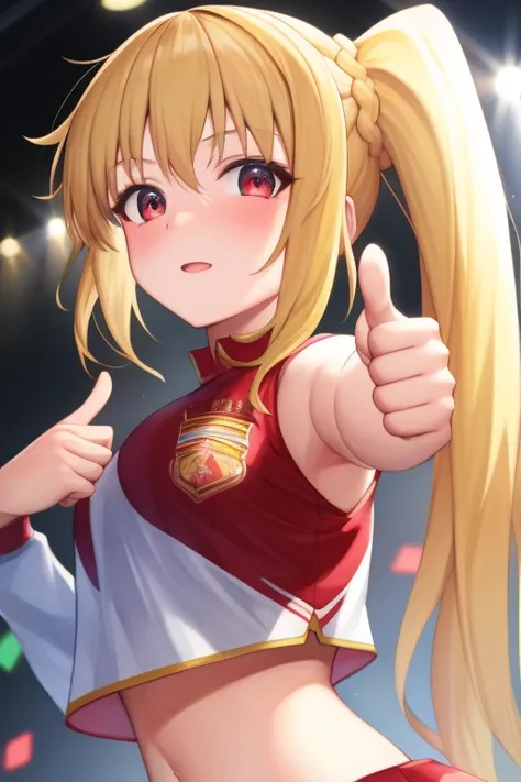 (masterpiece, highest quality:1.2), Blonde girl with red eyes,
 Side Ponytail, Full Bang, cheerleader,thumbs up
,Looks confused, on stage, Super detaileded, highest quality, Expressive eyes, Perfect Face, super high quality, Super detailed