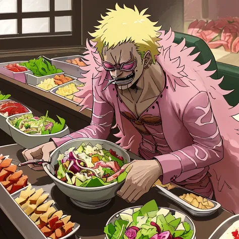 Doflamingo eats away at the salad bar at breakneck speed