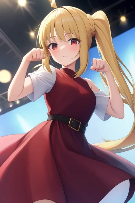 (masterpiece, highest quality:1.2), Blonde girl with red eyes,
 Side Ponytail, Full Bang, 	casual dress,paw pose
,Looks confused, on stage, 
Super detaileded, highest quality, Expressive eyes, Perfect Face, super high quality, Super detailed